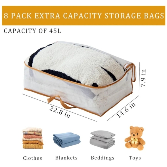 Tuza 8 Pack 45L Clear Zippered Storage Bag, Folding Moving Comforter Storage Bag - Picture 2 of 3